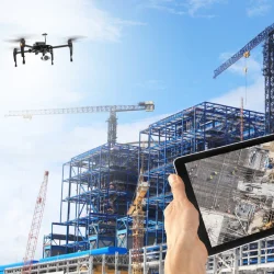 a hand holding a tablet with a drone flying over a construction site