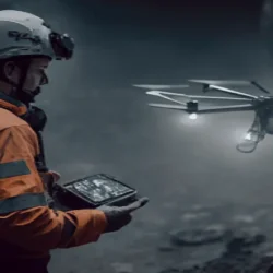 a person in an orange jacket holding a device next to a drone